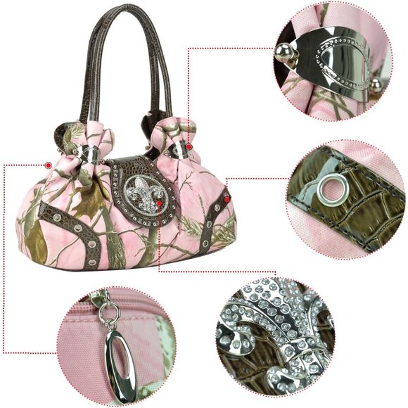 Pink Camouflage Western Style Rhinestone Fleur De Lis Shoulder Bag - Picture 3 of 5